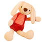 Cream plush rabbit with long floppy ears in a coral striped top and red shorts on a white background