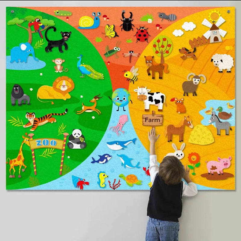 Child adding felt animals to a large day and night world animal felt story board with a zoo section