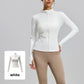 Woman in a white slim fit stand collar zip jacket with thumb holes, white swatch inset at the corner