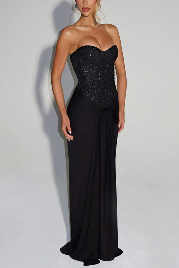 Strapless long dress with sequin bodice and draped skirt in black, size L option