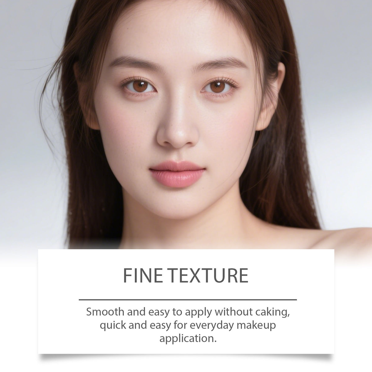 Portrait of a woman above a Fine Texture panel about the smooth, easy to apply foundation