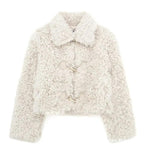 Cream cropped curly fleece jacket for women with lapel collar and two toggle fasteners