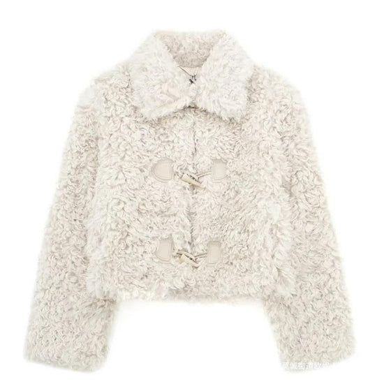 Women's Cropped Fleece Lapel Jacket with Toggle Front