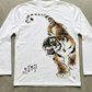 Tiger ink print white crew tee long sleeves shown flat on grey surface