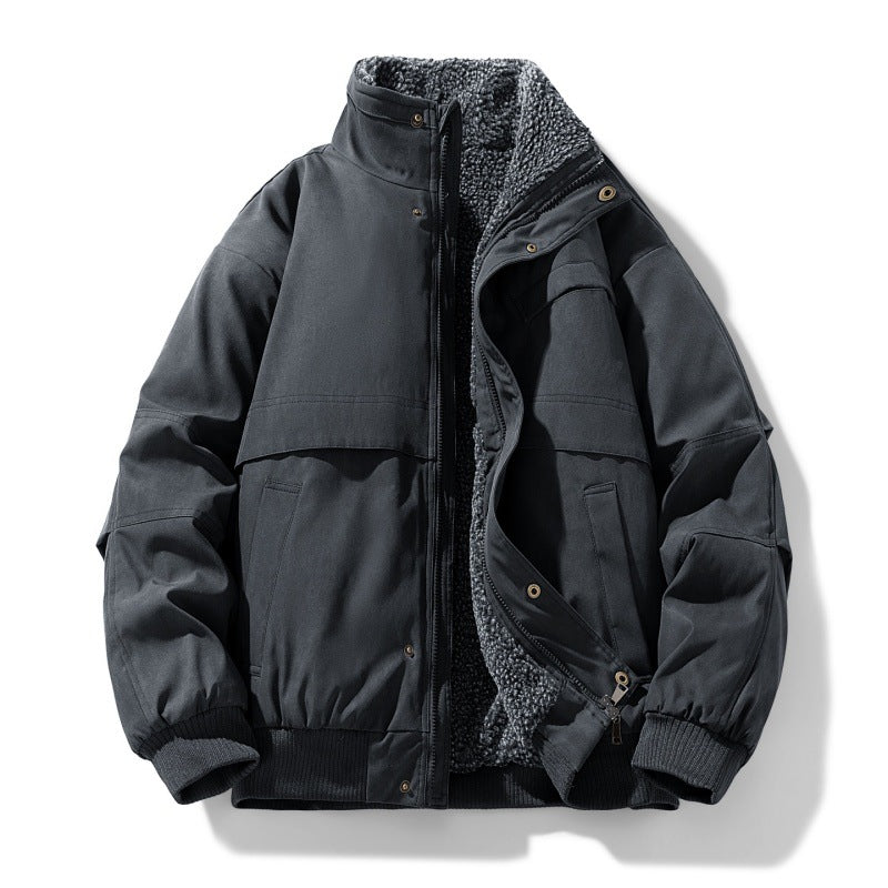 Black padded bomber jacket with fleece lined stand collar, snap placket and ribbed cuffs, front view, size 2XL