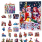 Huntrx advent calendar cover with three characters in Santa outfits beside a sheet of 24 ornaments