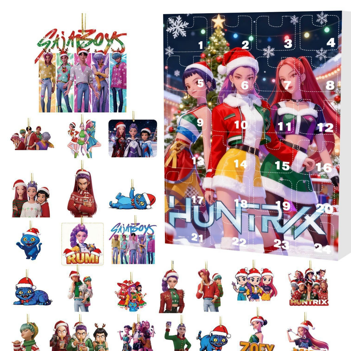 Huntrx advent calendar cover with three characters in Santa outfits beside a sheet of 24 ornaments