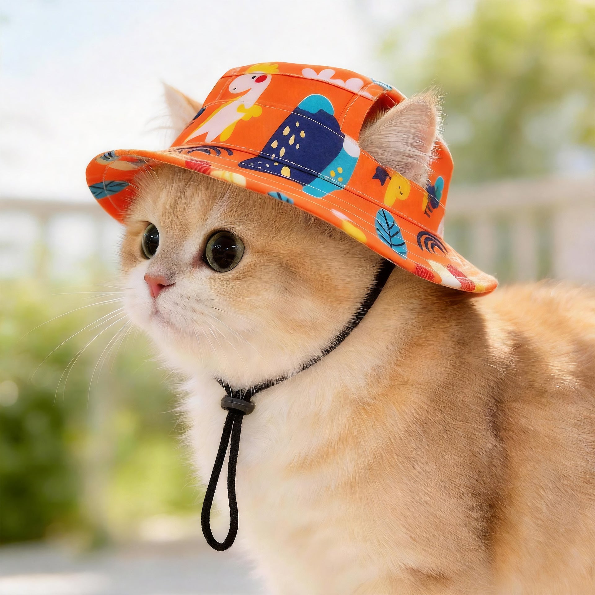 Pet bucket sun hat with ear holes and chin cord in a red flower print, view 26