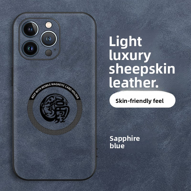 Dark night green sheepskin leather dragon phone case showing the central magnetic ring and totem