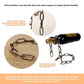 Bronze and gold-tone chain wine bottle holders with close ups of the links and a bottle held on the chain