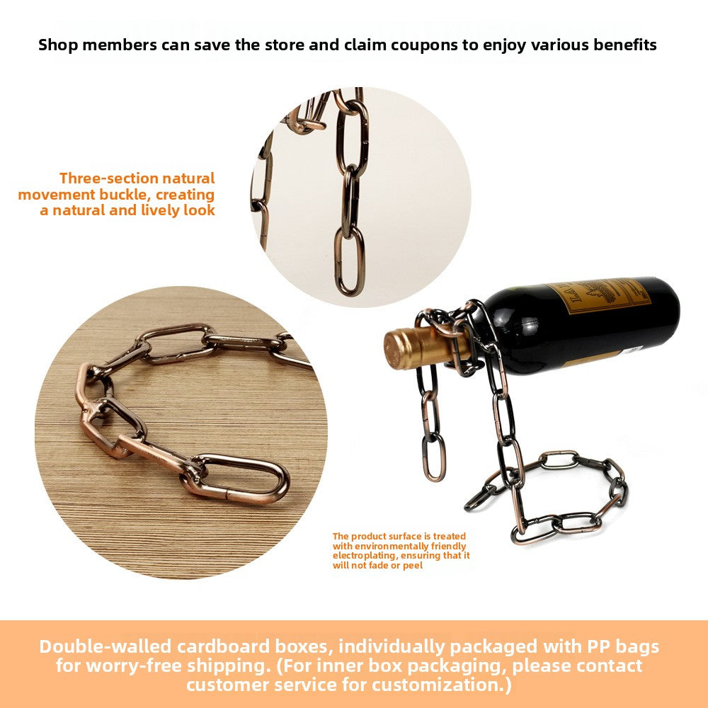 Bronze and gold-tone chain wine bottle holders with close ups of the links and a bottle held on the chain