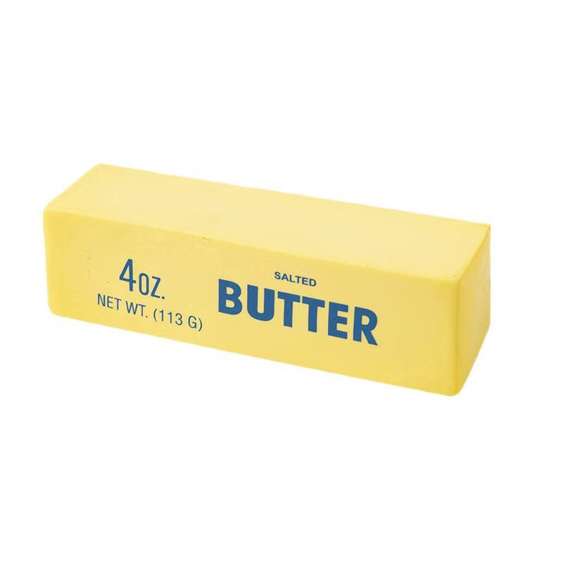 24 cm pale yellow butter stick squishy toy with a printed salted butter label, front angle