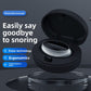Silver throat pulse device resting in its open round black charging case