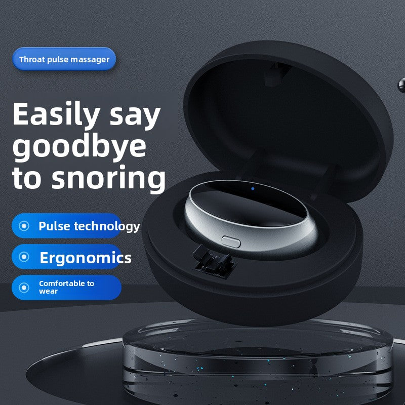 Silver throat pulse device resting in its open round black charging case