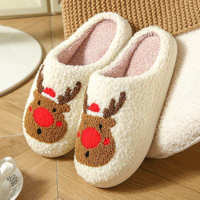 Cream plush slippers with a tufted reindeer face with a red nose, size 40-41 option