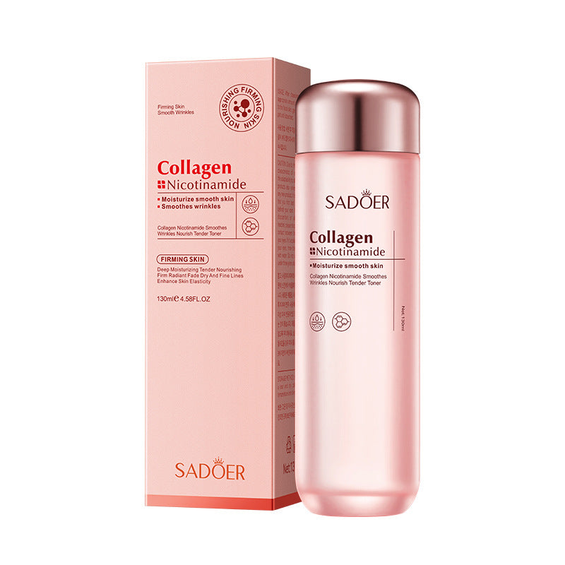 Collagen niacinamide toner bottle and carton in the pink skincare range