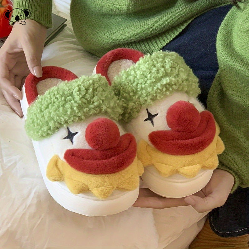 Clown face plush slippers with green strap, red pom nose and yellow collar, size US 9.5-10 variant image