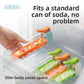 Slim tube ice cube tray lying in a fridge door beside cans, orange and green handles, space saving format