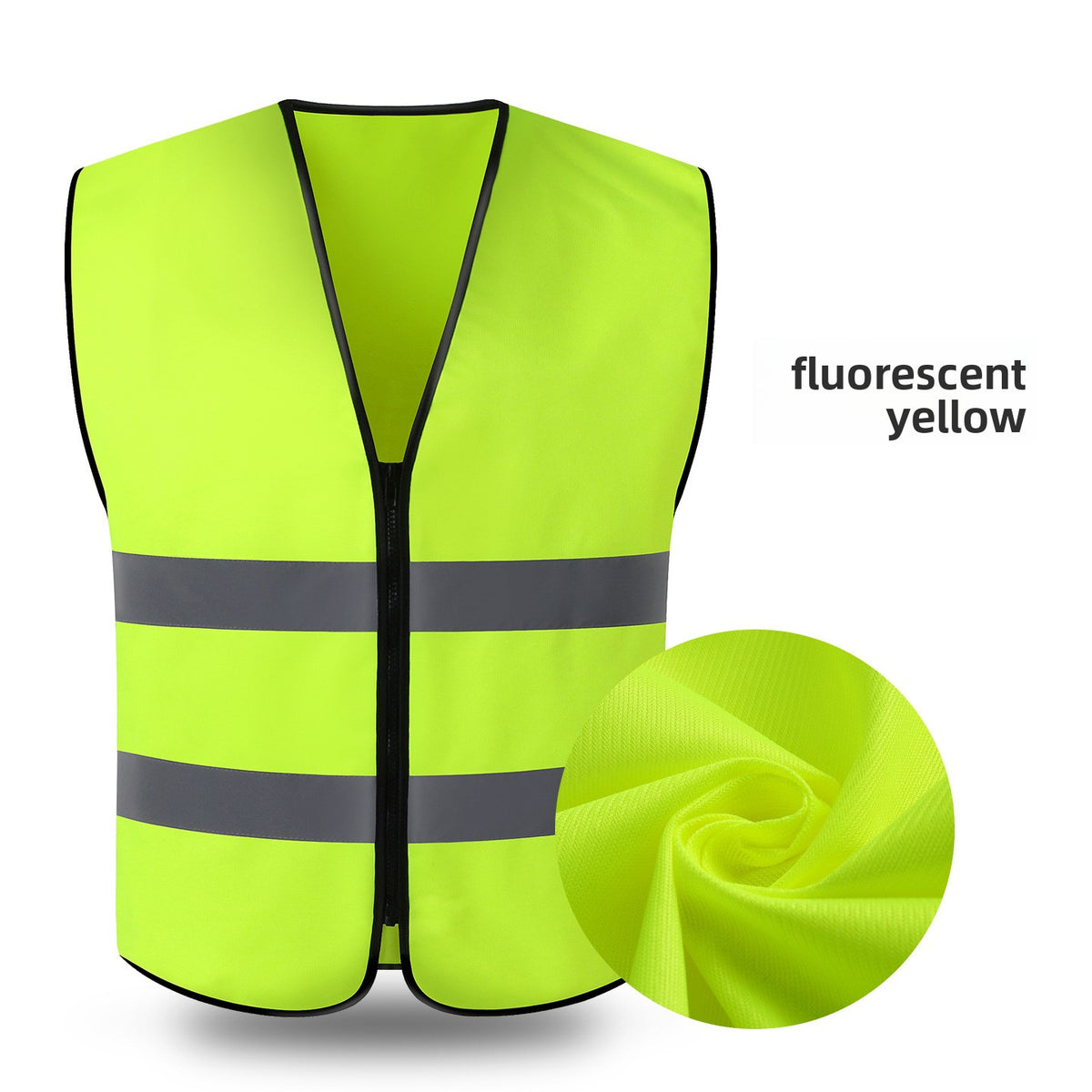 Fluorescent yellow zip front work vest with two horizontal reflective bands and no pockets