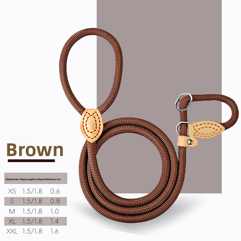 Beige braided rope slip lead shown full length with the leather bead and ring