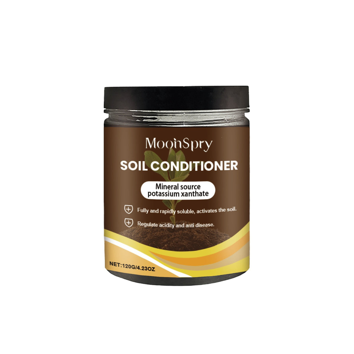 MoonSpry mineral source Soil Conditioner jar with black lid and brown label, 120g net, on a white background