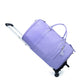 Lilac purple duffel travel bag with a tassel charm, a front zip pocket, a pull rod and two wheels