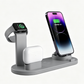 Gray four in one charging stand with a phone, smartwatch and wireless earbuds