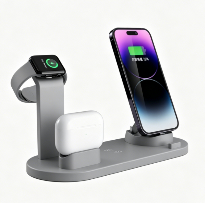 Gray four in one charging stand with a phone, smartwatch and wireless earbuds