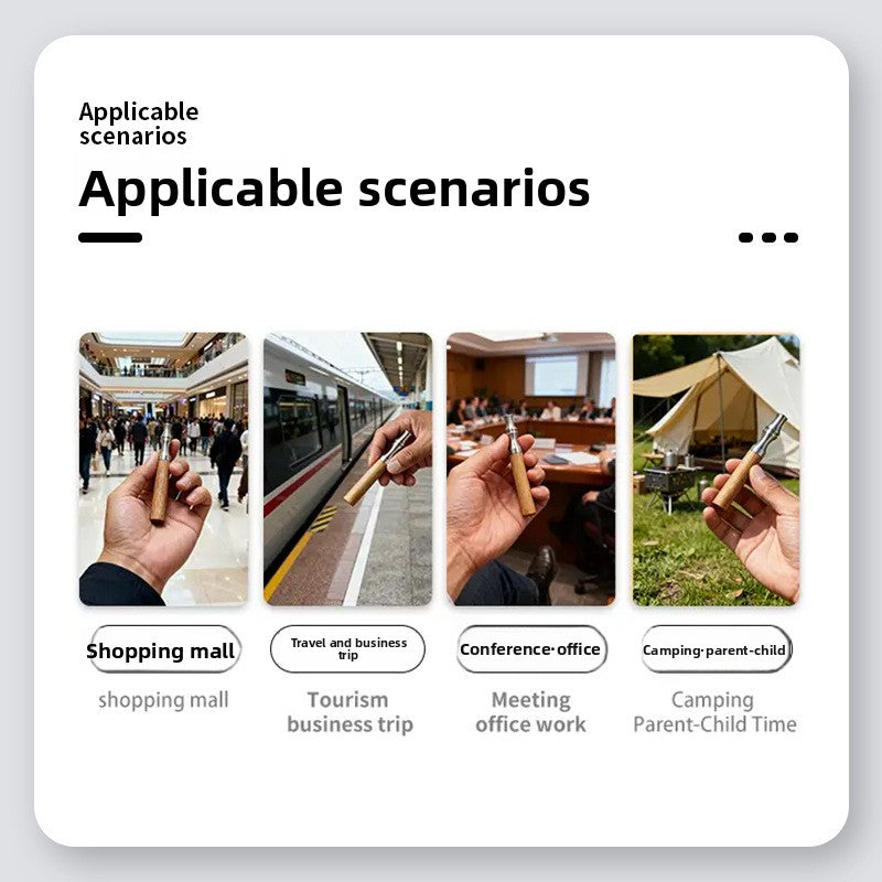 Four scenes of a hand holding the light wood aroma stick in a mall, station, meeting room and campsite