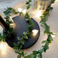 Bell LED fairy string light on a green leaf vine with a warm glow, decorative photo