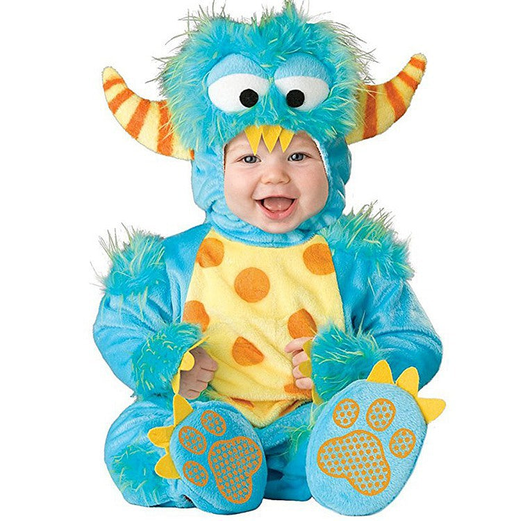 Baby in a blue furry monster costume with striped horns and a yellow spotted belly, Blue Monster option, 100cm size