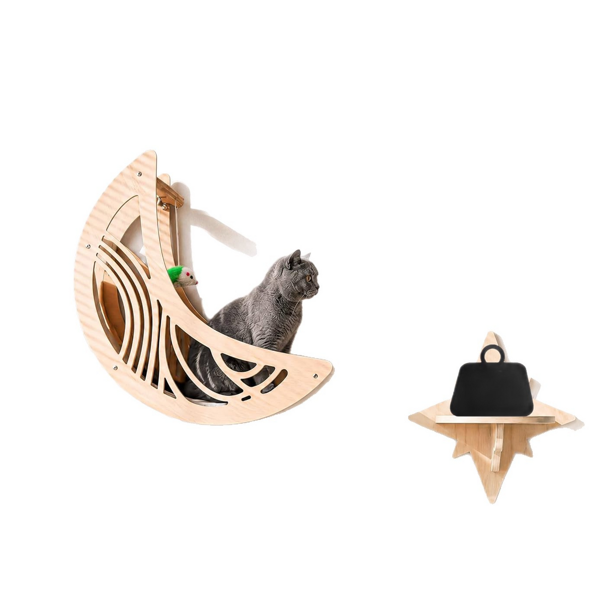Star and moon wooden cat wall furniture shown against a pale interior wall