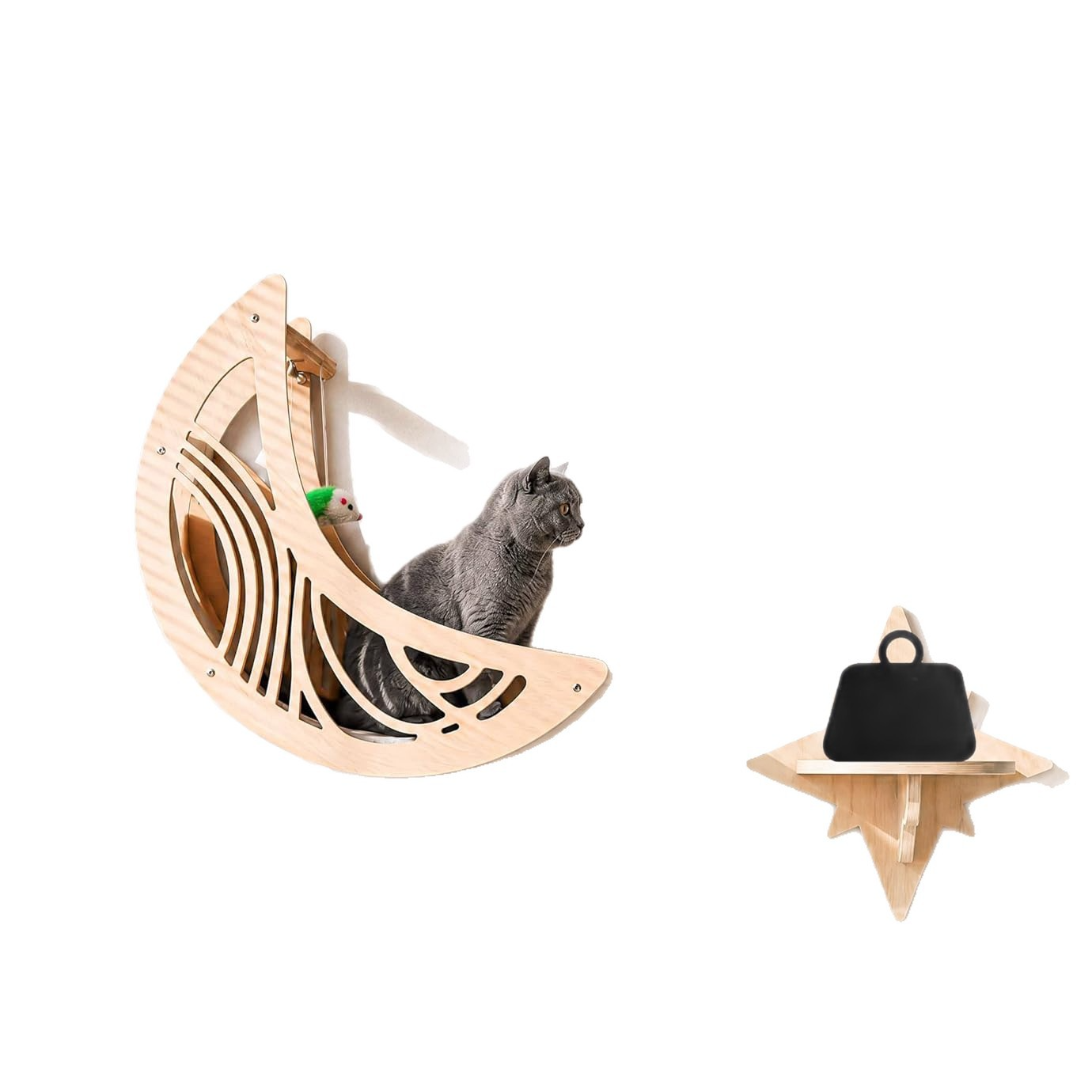 Star and moon wooden cat wall furniture shown against a pale interior wall
