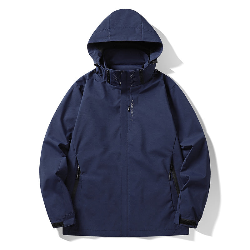Navy mens shell jacket front zip half open