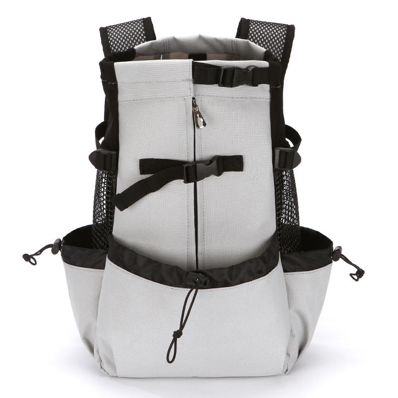 Blue legs out dog carrier backpack with mesh side panels for ventilation