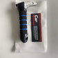 Portable car assist handle with a blue foam grip, silver tip and base notch, shown next to its instruction manual