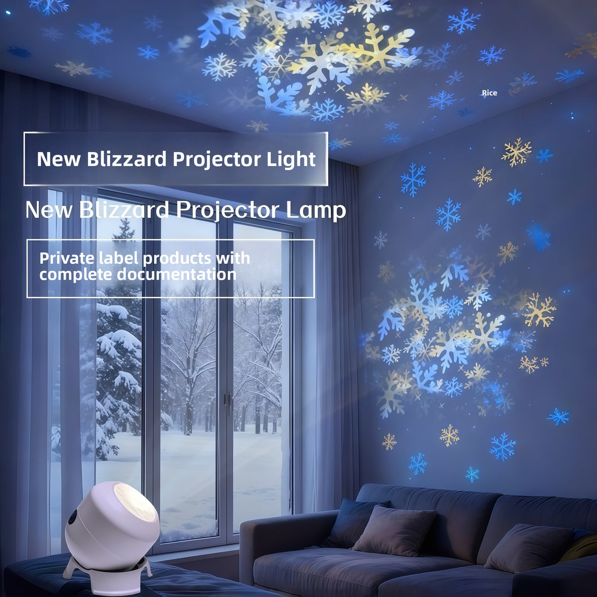 White rotating projector lamp on a sofa casting blue and gold snowflakes across a living room wall and ceiling