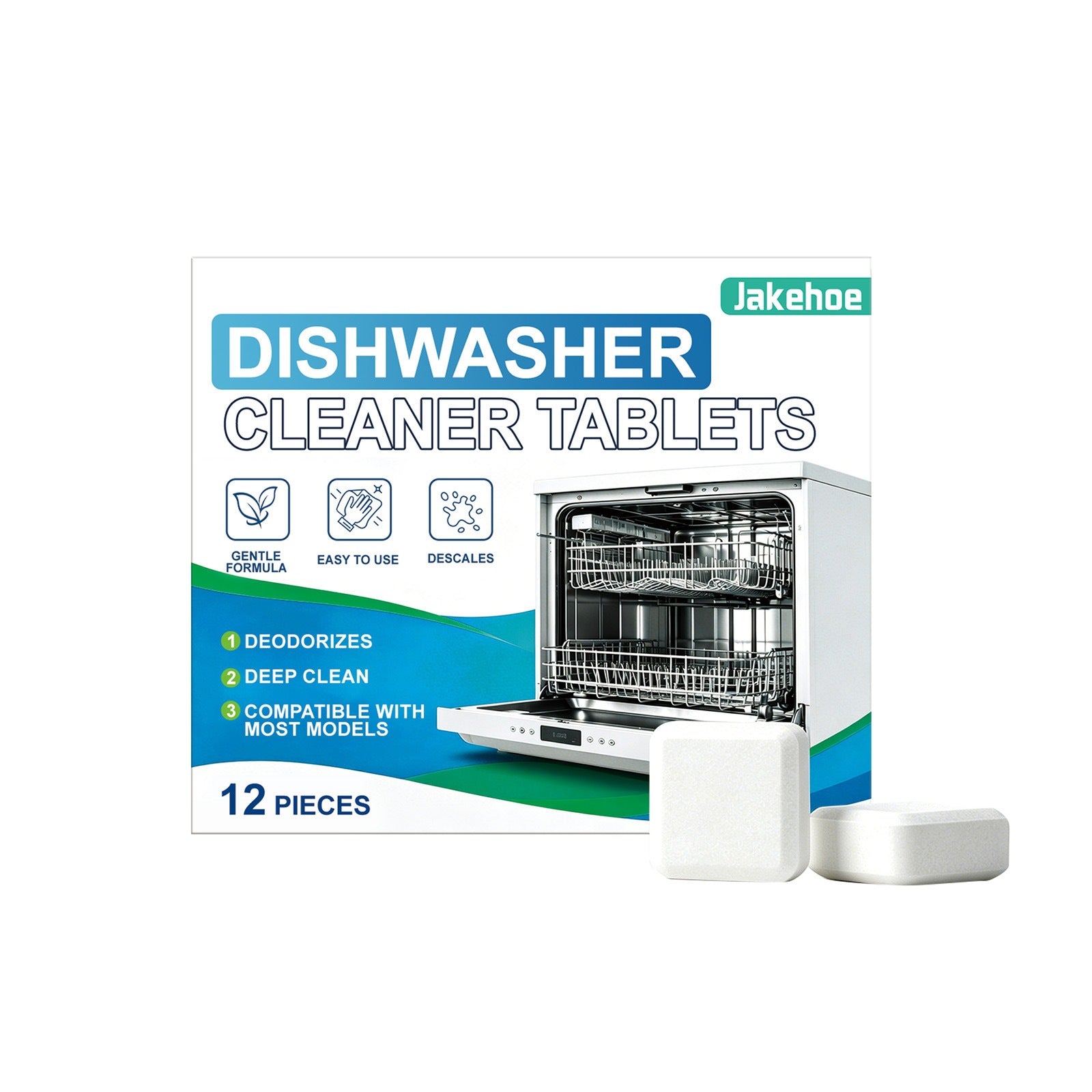 Close view of a single white dishwasher cleaning tablet before a hot wash cycle
