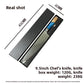 9in Damascus chef knife with blue resin handle lying in its long black gift box with size markings
