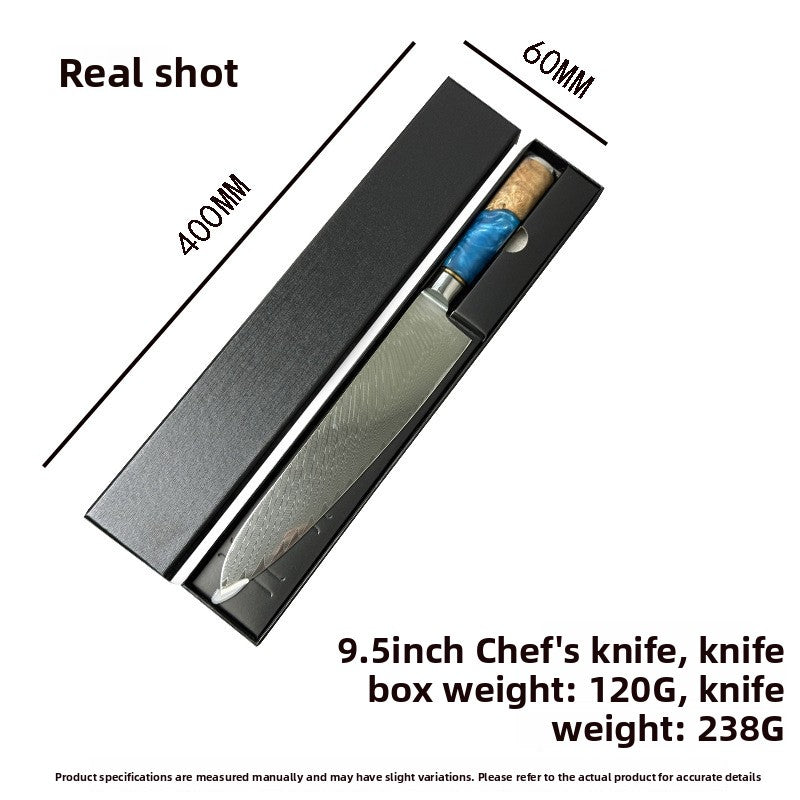 9in Damascus chef knife with blue resin handle lying in its long black gift box with size markings