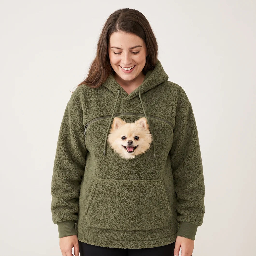 Army green teddy fleece hoodie with a small dog's head looking out of the chest opening above the front pocket