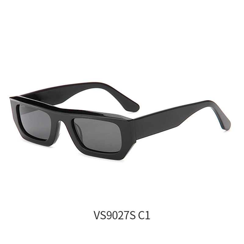 Side view of the sunglasses showing the thick acetate temple arms