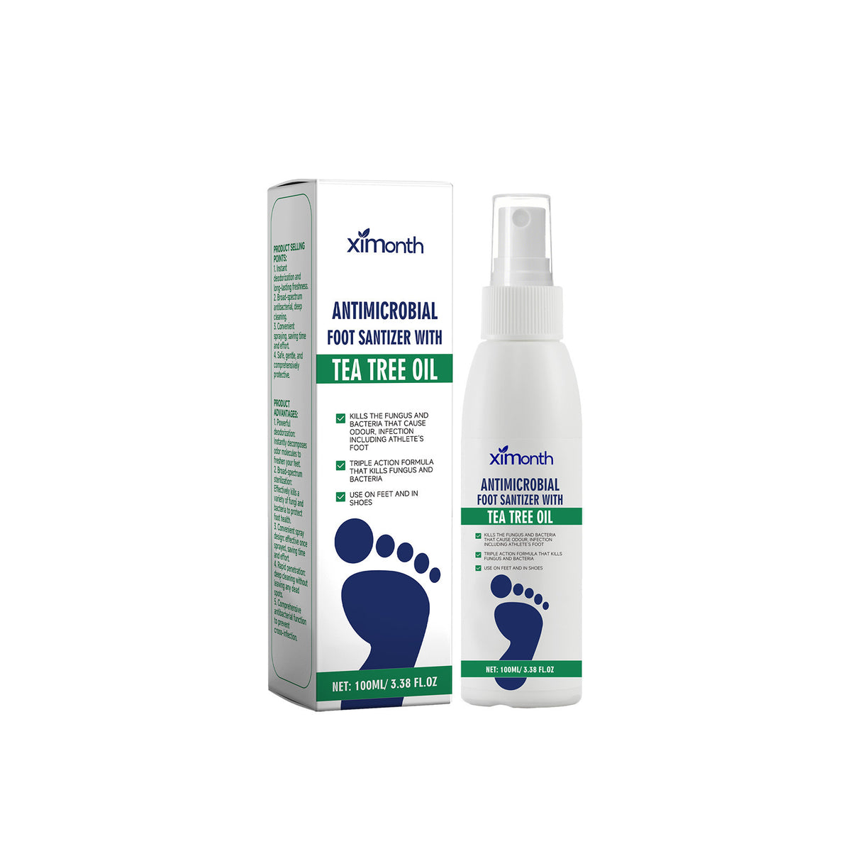 Ximonth tea tree oil foot and shoe spray bottle beside its printed box, 100 ml