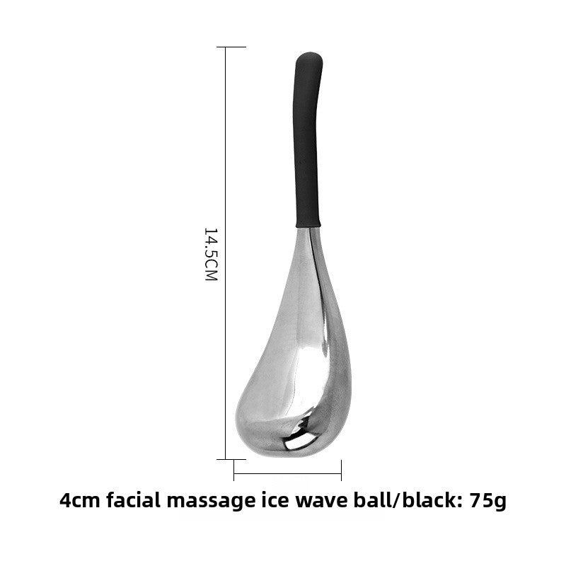 Stainless steel facial massage globe with black handle shown with size marks in centimeters