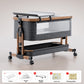 Gray baby crib with a nursing table on top, Nursing model with mosquito net and mattress shown, wood grain gray option