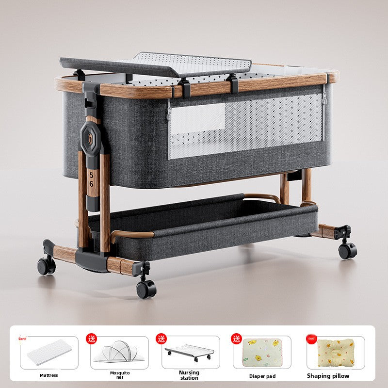 Gray baby crib with a nursing table on top, Nursing model with mosquito net and mattress shown, wood grain gray option