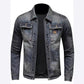 Blue trucker jacket worn buttoned over a light knit layer