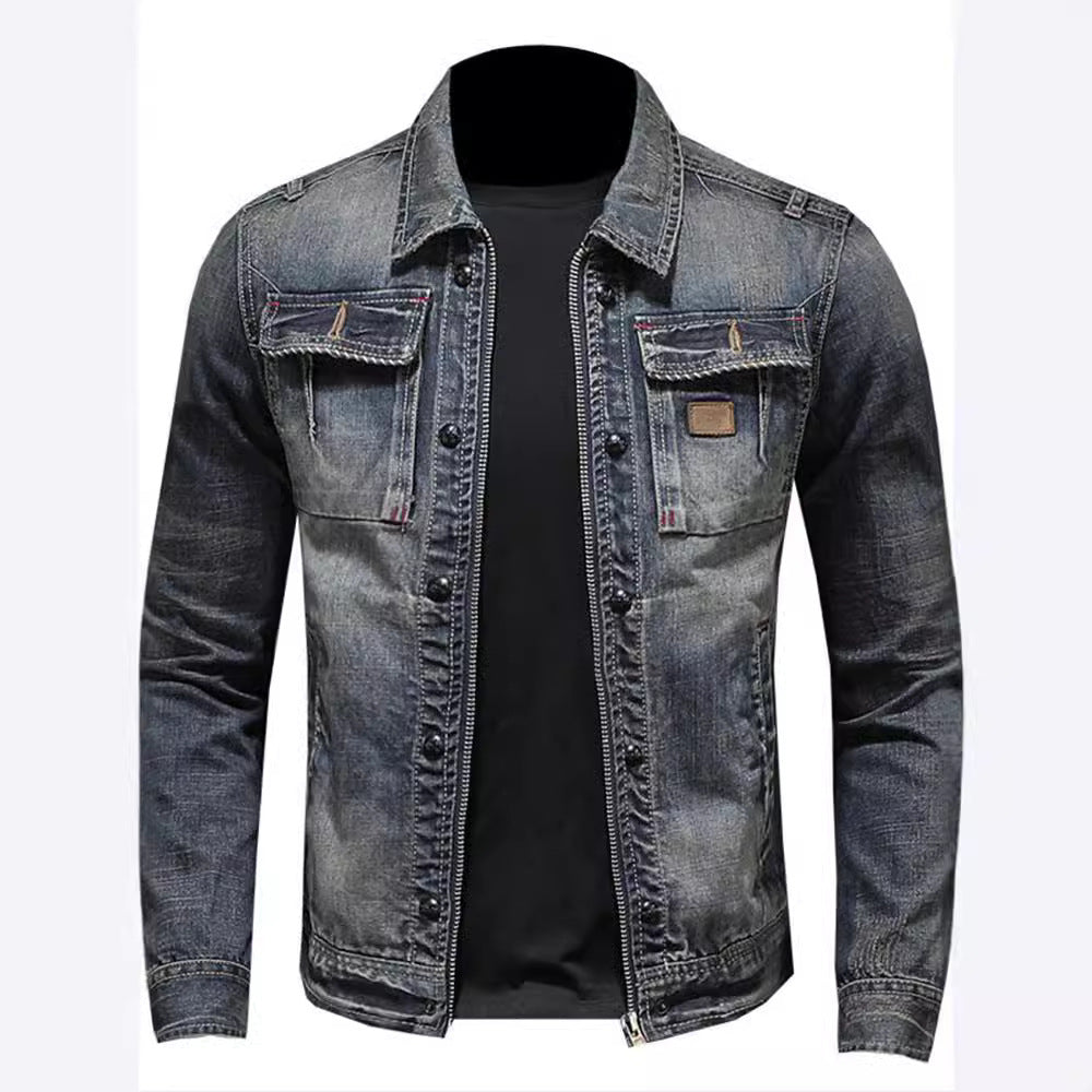 Blue trucker jacket worn buttoned over a light knit layer