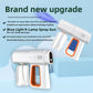 Handheld blue light spray gun shown with its clear liquid bottle attached