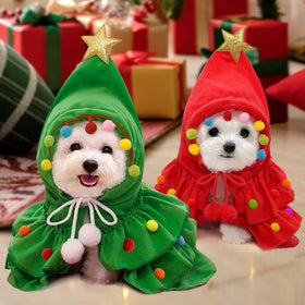 Christmas Tree Hooded Pet Cape with Gold Star and Pom-Poms